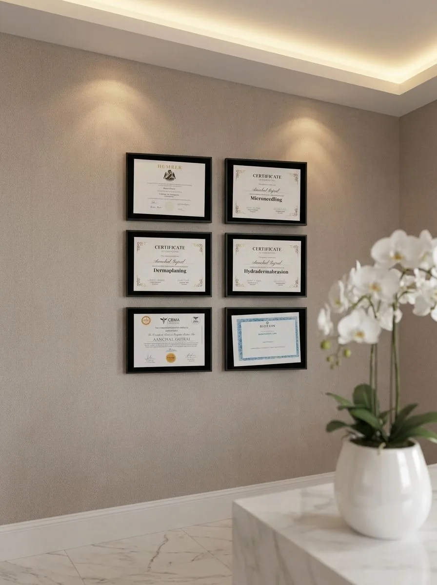 Framed professional certifications on the wall at Demure Aesthetics